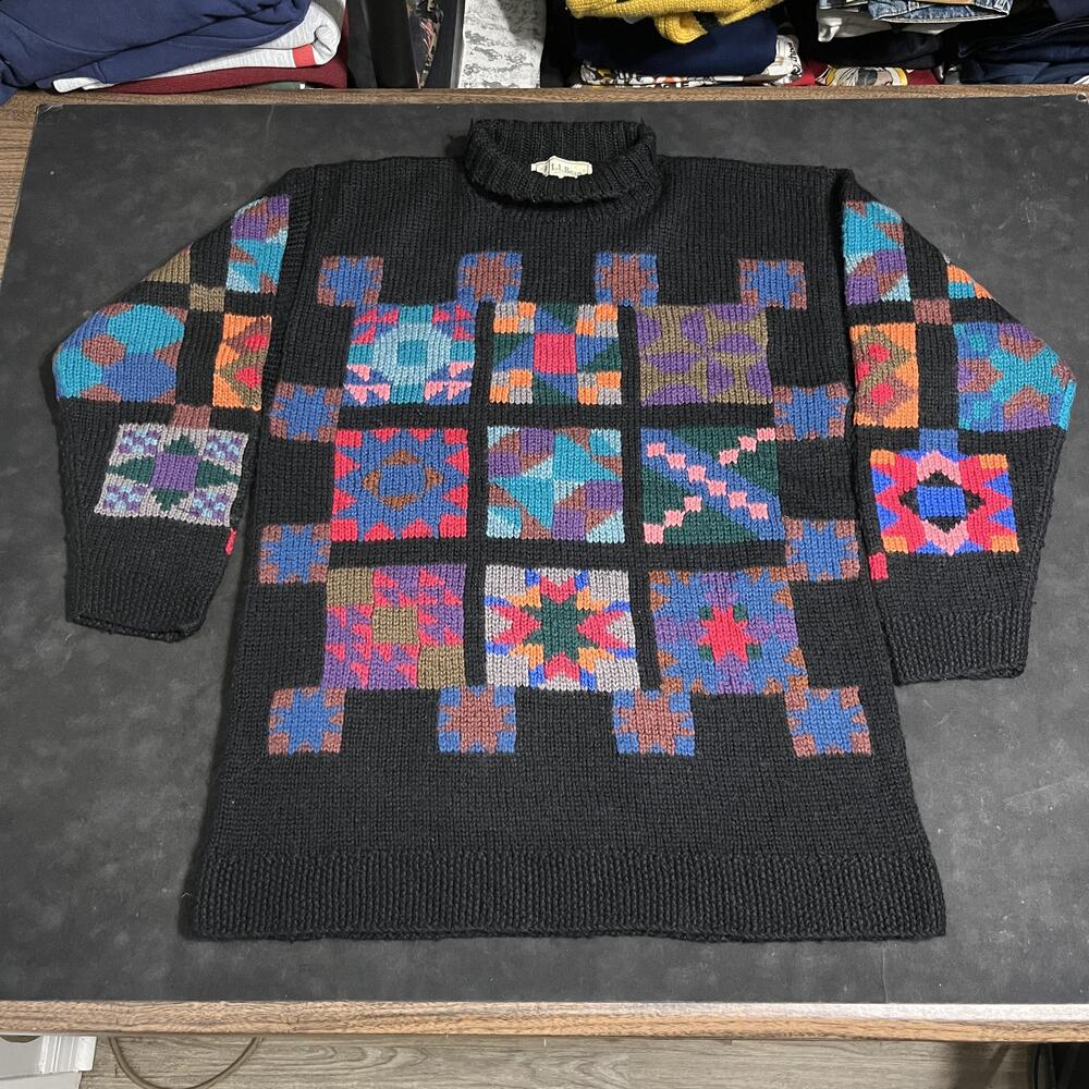 Vintage LL Bean Crazy Quilt Sweater Tunic Womens Large Wool Patchwork Knit 80s